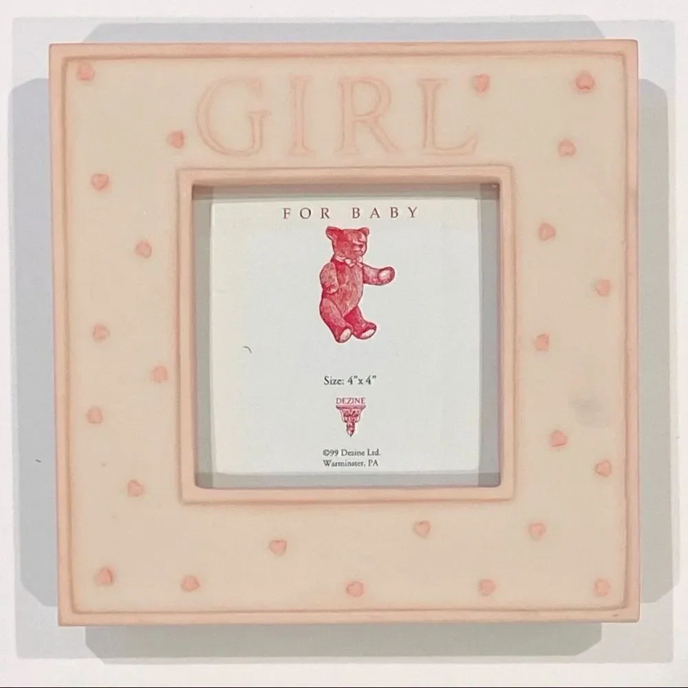 VINTAGE Baby Girl 4x4” Ceramic Photo Picture Frame Nursery Decor Pink White